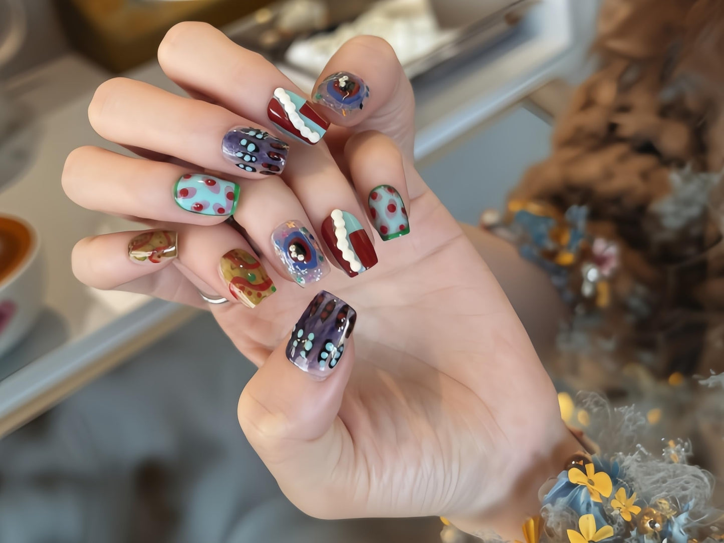 Fine Point Handmade Press On Nails, 10pcs Short Ballerina Square, Gallery Pop Polka Dot Mix Print, Reusable Glue On False Nails (Size Medium)