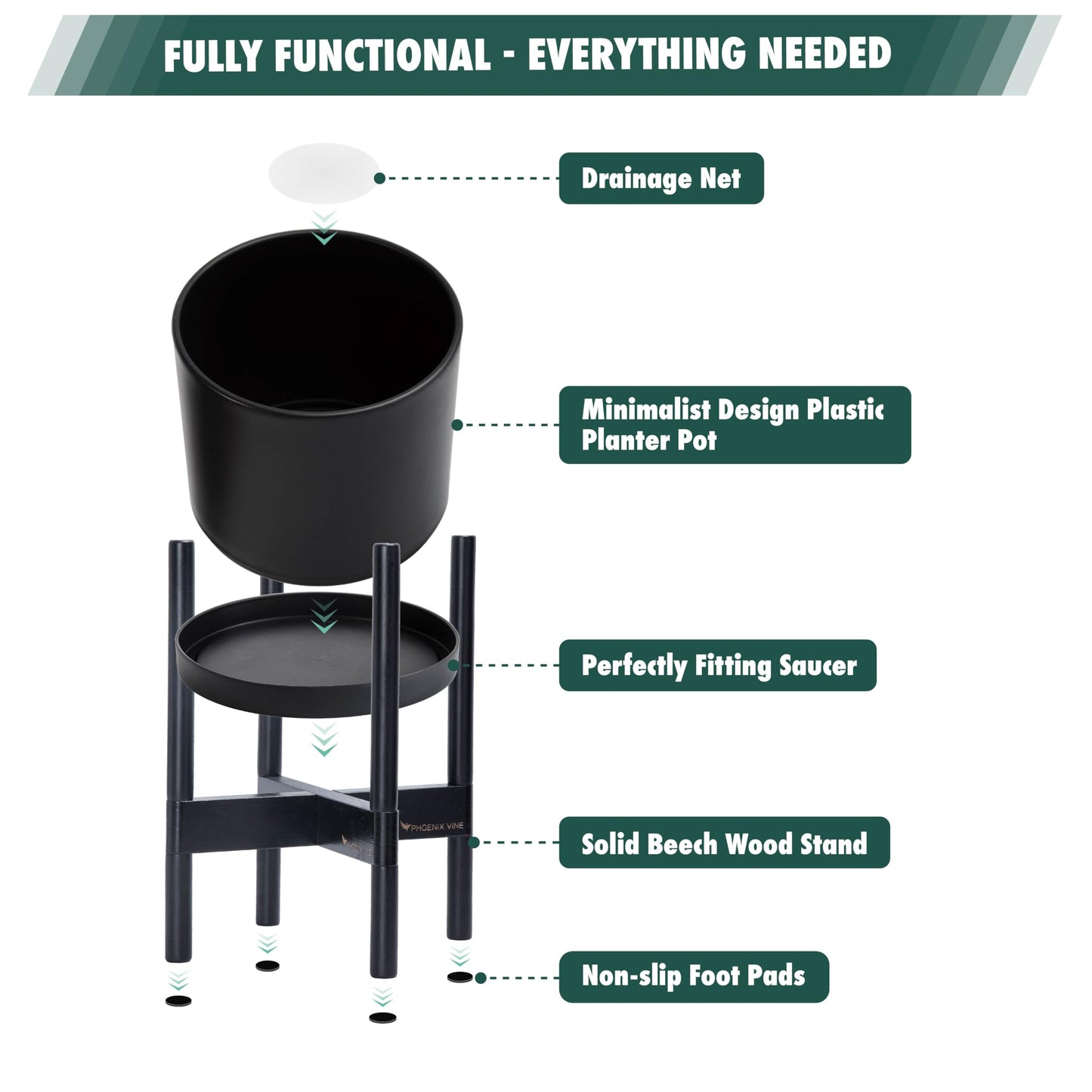 D'vine Dev Planter Pot with Stand - 8 Inch Plastic Cylinder Flower Pot with Wood Planter Holder for Indoor, Matte Black Pot + Ebony Stand, 55-C-K-2
