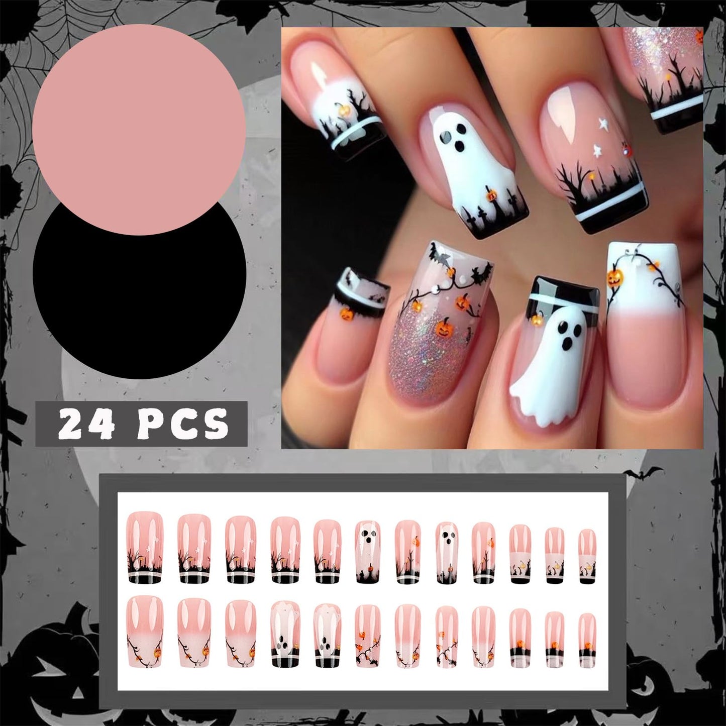 24Pcs Halloween Ghost Press on Nails Short Square Fake Nails with Glitter Pumpkin Designs False Nails Black Forest French Artificial Acrylic Stick on Nails for Women Halloween Medium Decoration