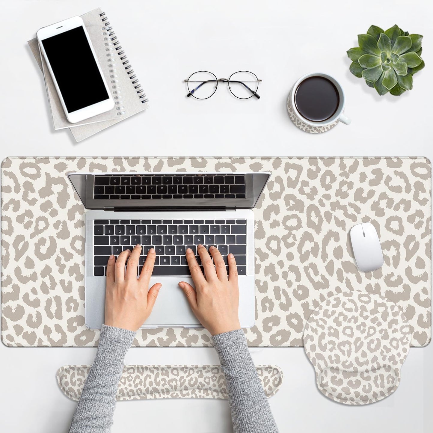Arttown Leopard Light Khaki Desk Mat Animal Skin Mouse Pad Set 4 in 1 Ergonomic Design Large Desk Pad + Keyboard Wrist Rest + Mouse Wrist Rest + Coaster Suitable for Home Office Study Game