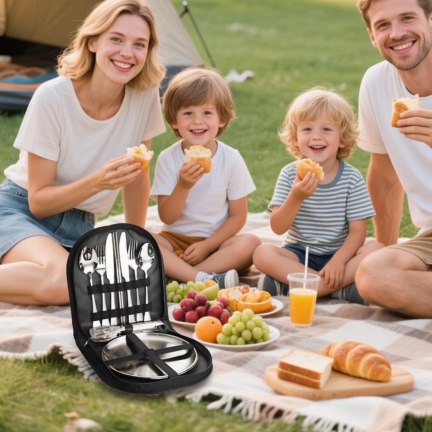 KEJJRIUTN Camping Cutlery Set, 12-Piece Stainless Steel with Plates and Case, Portable Outdoor Dining Kit, Silver