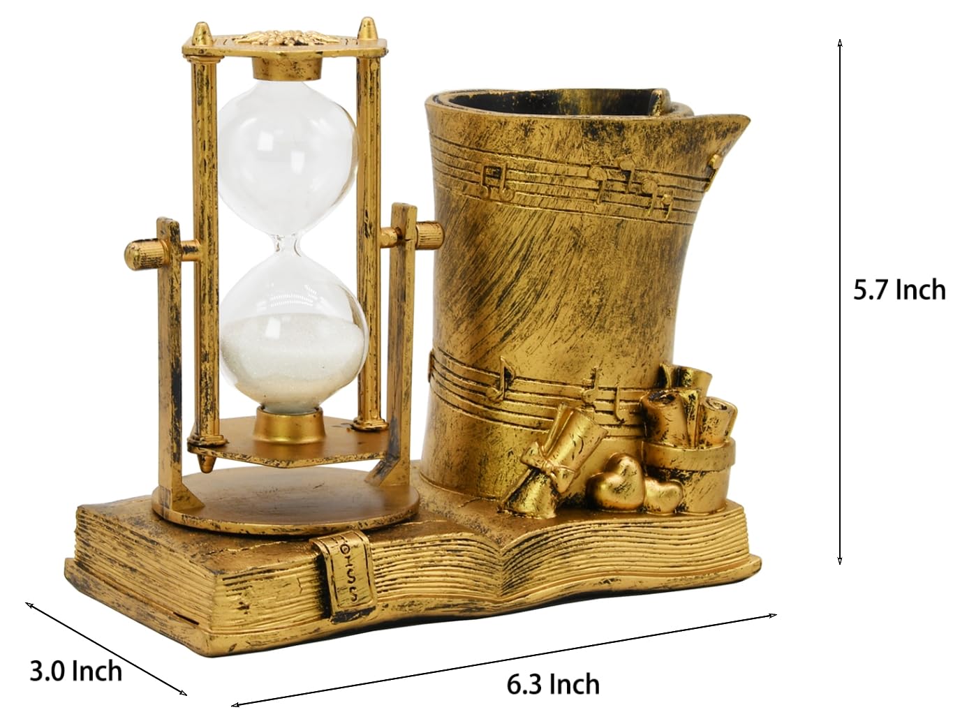 Music-Themed Pencil Holder with Hourglass, Resin Desktop Organizer for Office & Study, Pen Holder with Sand Timer, Classic Addition Scissors Storage, Artistic Accessory Gift