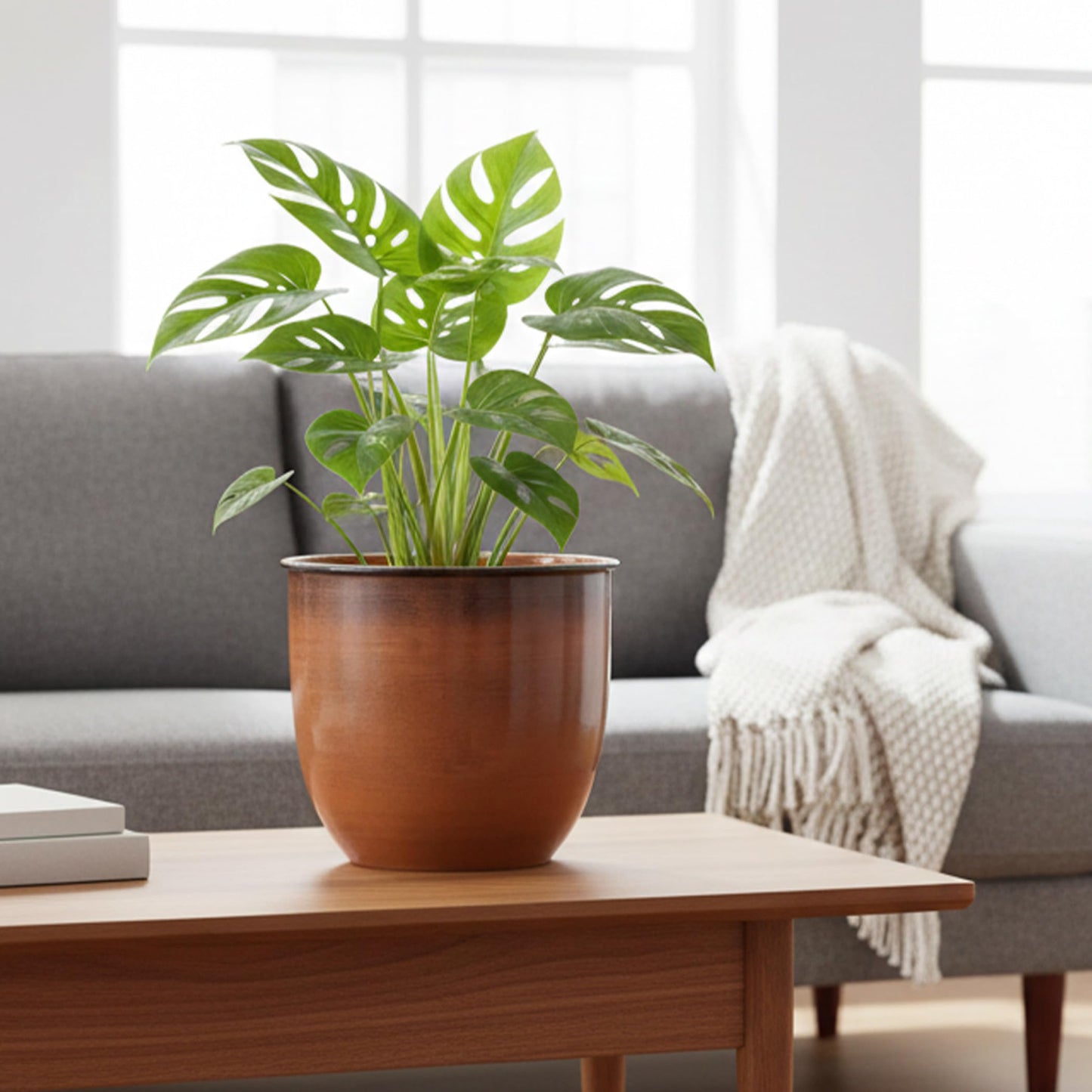 Bloem Canyon 8" Terra Cotta Orange Round Metal Gloss Planter Cachepot with Removable Drain Plug