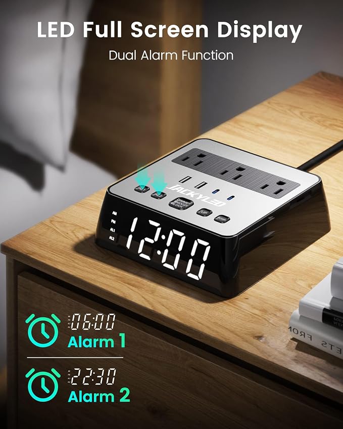 JACKYLED Alarm Clock with 4 USB Chargers, Power Strip 3 Outlets, 1700J