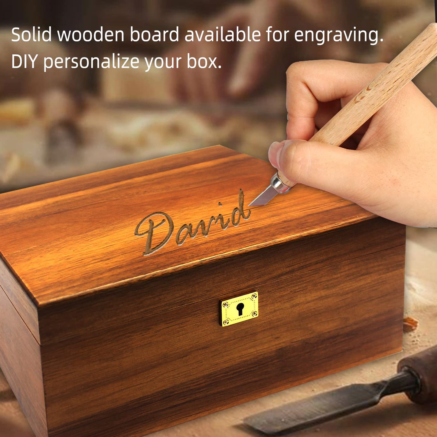 MFLUEEWR Wooden Storage Box with Hinged Lid and Locking Key Large Premium Solid Acacia Keepsake Chest Box -Storage Space to Organize Jewelry, Toys, and Keepsakes in a Beautiful Wooden Decorative Box