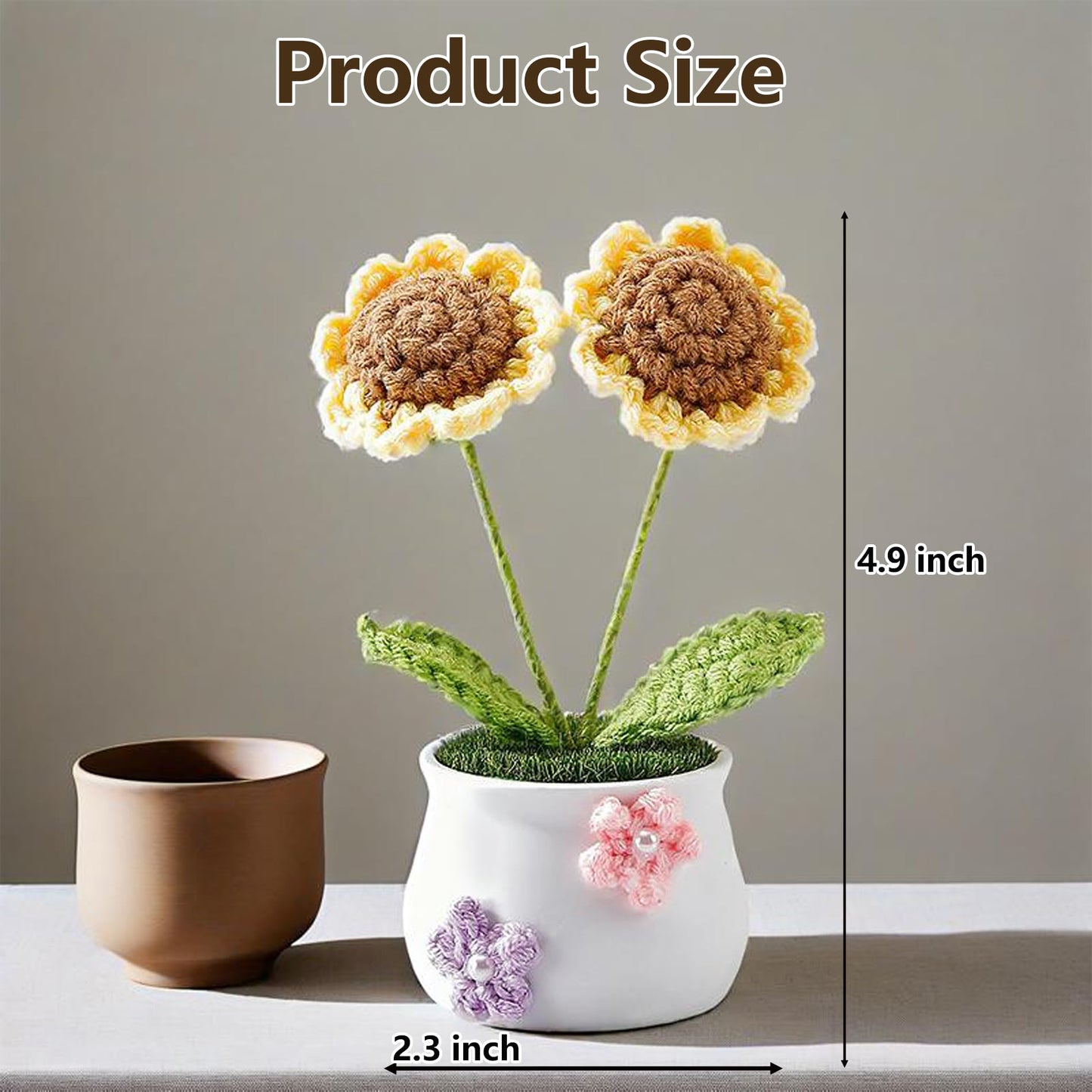 2 Pcs Handmade Crochet Sunflower with Mini Planter Pot - Zero Maintenance Desk Decor, Car Dashboard & Kitchen Decor, Durable Fade-Resistant Gift for Women, Plant Lovers, Unique Home&Office Decoration
