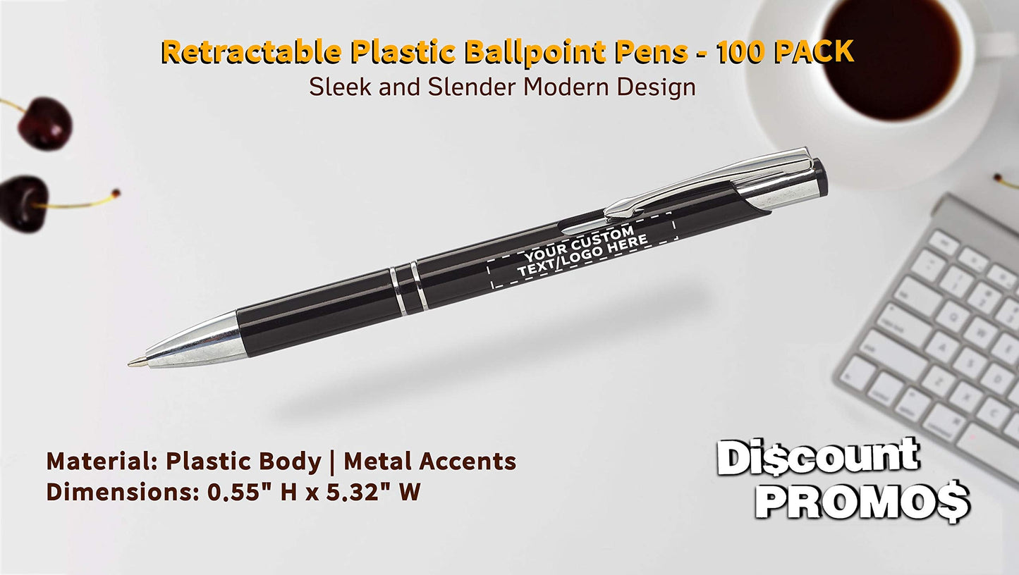 DISCOUNT PROMOS Personalized Retractable Plastic Ballpoint Pens - 100 pack - Plastic Pens - Customizable Text, Logo - Black