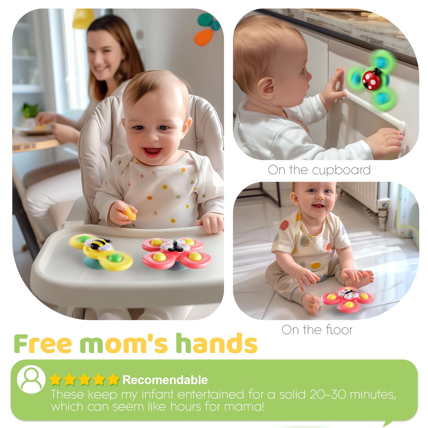 ALASOU 6 PCS Suction Cup Rotating Toys(3 Farm+3 Unicorn) for Infant and Toddlers