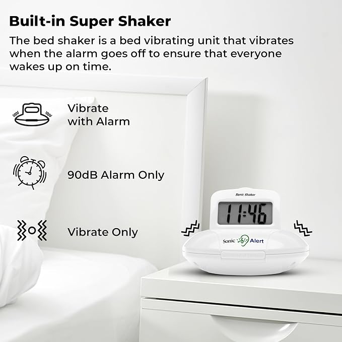 Sonic Alert Digital Alarm Clock - Travel Alarm Clock for Heavy Sleepers - Bed Shaker Alarm Clock - Vibrating Alarm Clock Under Pillow - Battery Operated – White