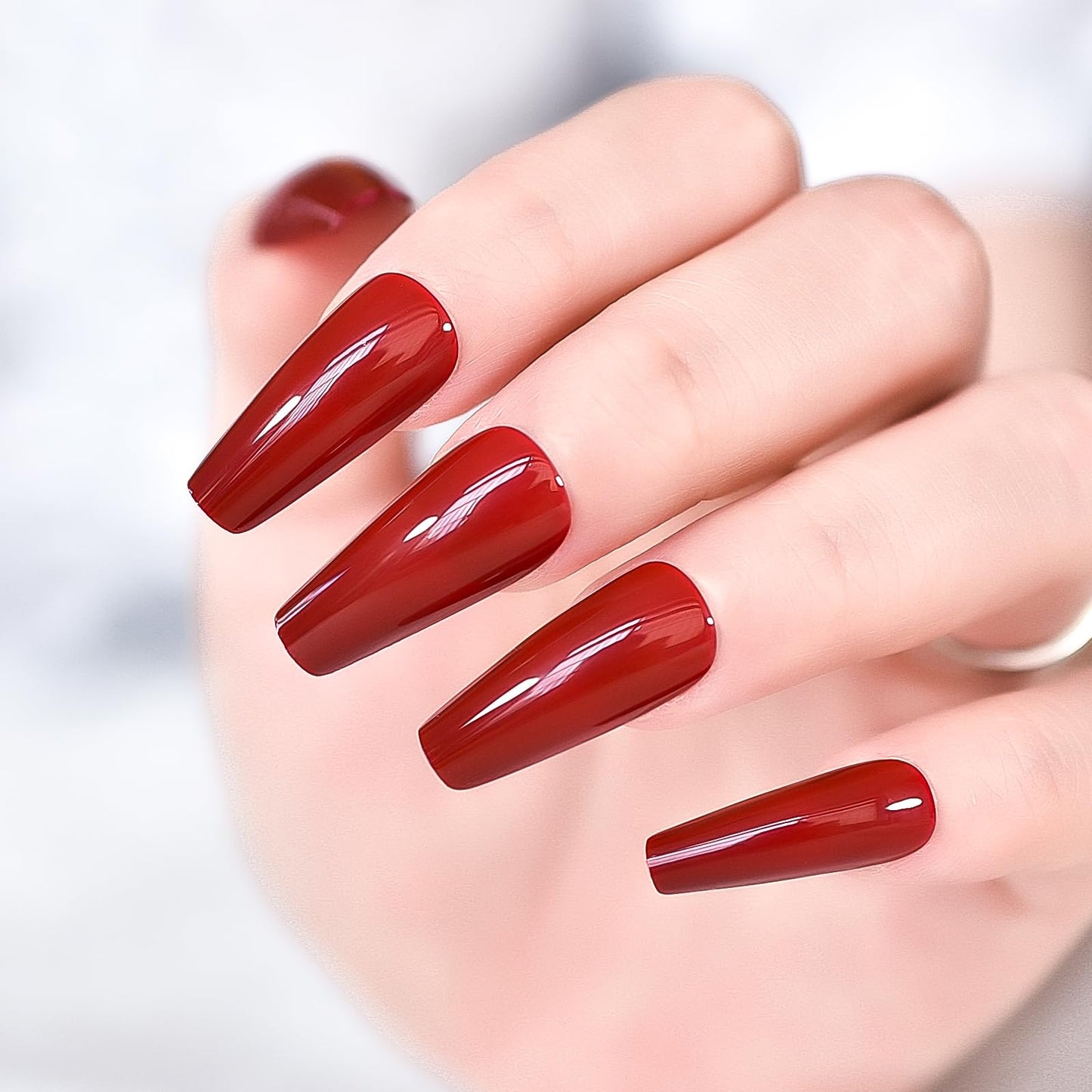 iBeautying Press on Nails - Christmas Chinese Red Solid Color False Nails | Ballerina Long Coffin Reusable Fake Nails in 10 Sizes - 24 Nail Kit with Jelly Glue Pad