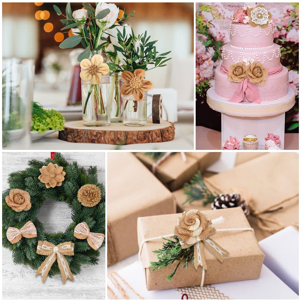 LEOBRO 33PCS Handmade Burlap Flowers Set, 8 Styles Rustic Artificial Flowers & 3 Styles Craft Burlap Lace Pearl Bowknot, for Wedding Home Decoration Christmas Party DIY Craft Bouquets