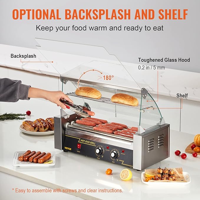 VEVOR Hot Dog Roller 5 Rollers 12 Hot Dogs Capacity, 750W Stainless Sausage Grill Cooker Machine with Dual Temp Control Glass Hood Acrylic Cover Bun Warmer Shelf Removable Oil Drip Tray ETL Certified
