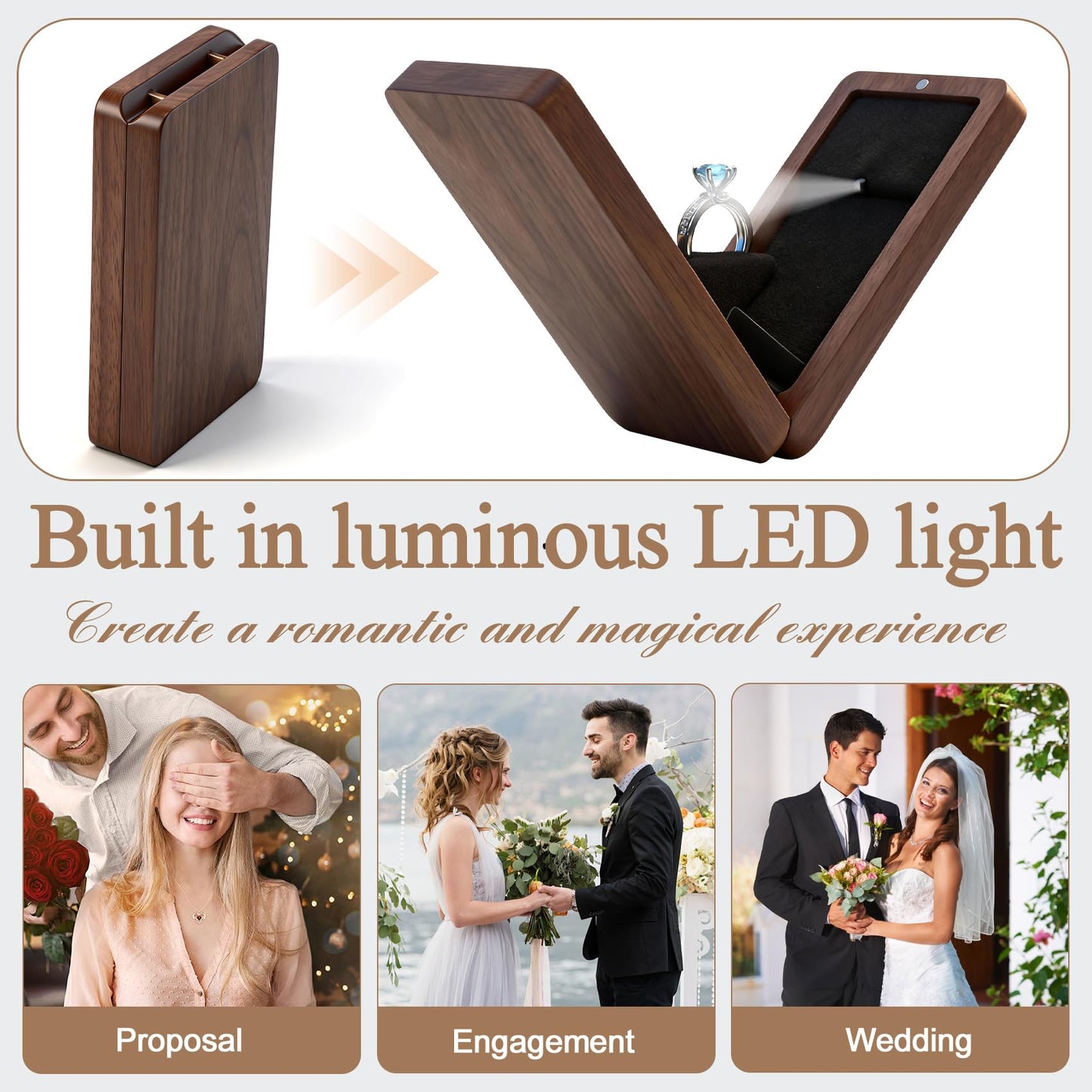 Yookin Wooden Engagement Ring Box For Proposal Valentine's Day Jewelry Gift Box Wood Rotating Wedding Day Ring Box With Led Light Gift Packaging(Black Walnut)