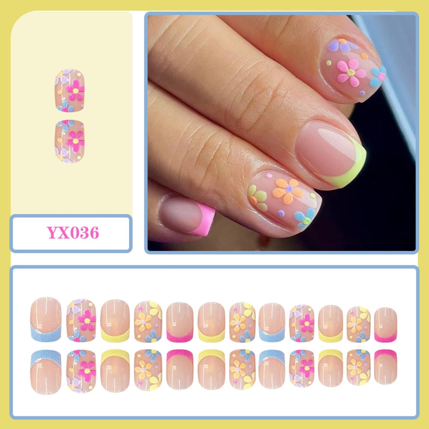Floral Short Square Press on Nails Soft Nude Base Neon Yellow French Tips Pastel Floral Accents Glossy Finish Reusable Spring Nails Easy Apply Party Wear Durable Trendy Women Girls Nail Art 24 Pcs
