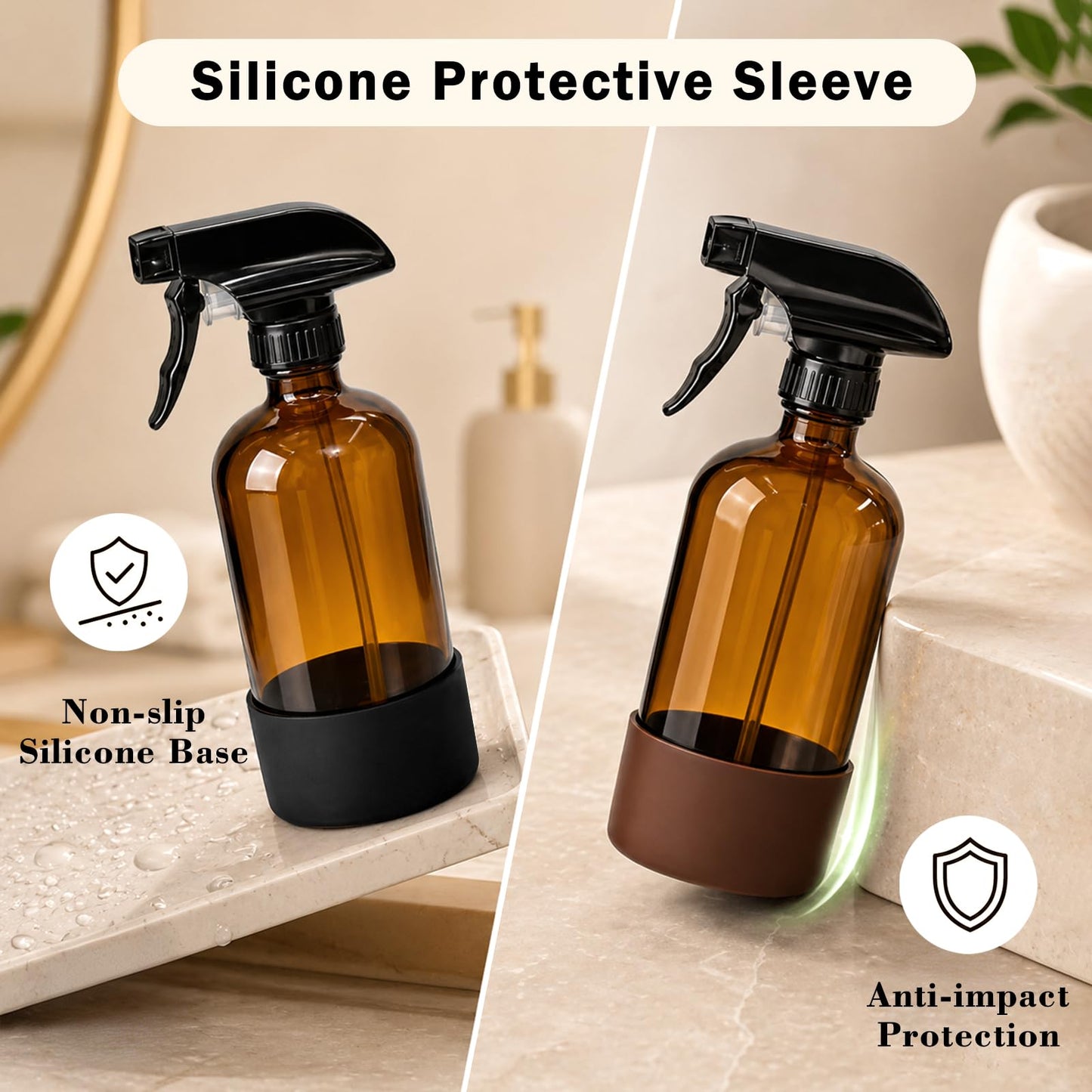 CHEODIN 360° Glass Spray Bottles 16 oz for Hair Cleaning with Silicone Sleeve, 2 Pack Amber Refillable Containers with Adjustable Spray Nozzles, Empty Spray Bottles for Plant Amber