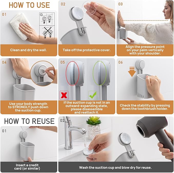 LEVERLOC Powerful Suction Toothbrush Holder 2 Pack, Removable Drill-Free Wall Shower Holder for Toothbrush, Toothpaste, Razor, Self-draining Suction Cup in Shower, Kitchen Tableware Organizer, Gray