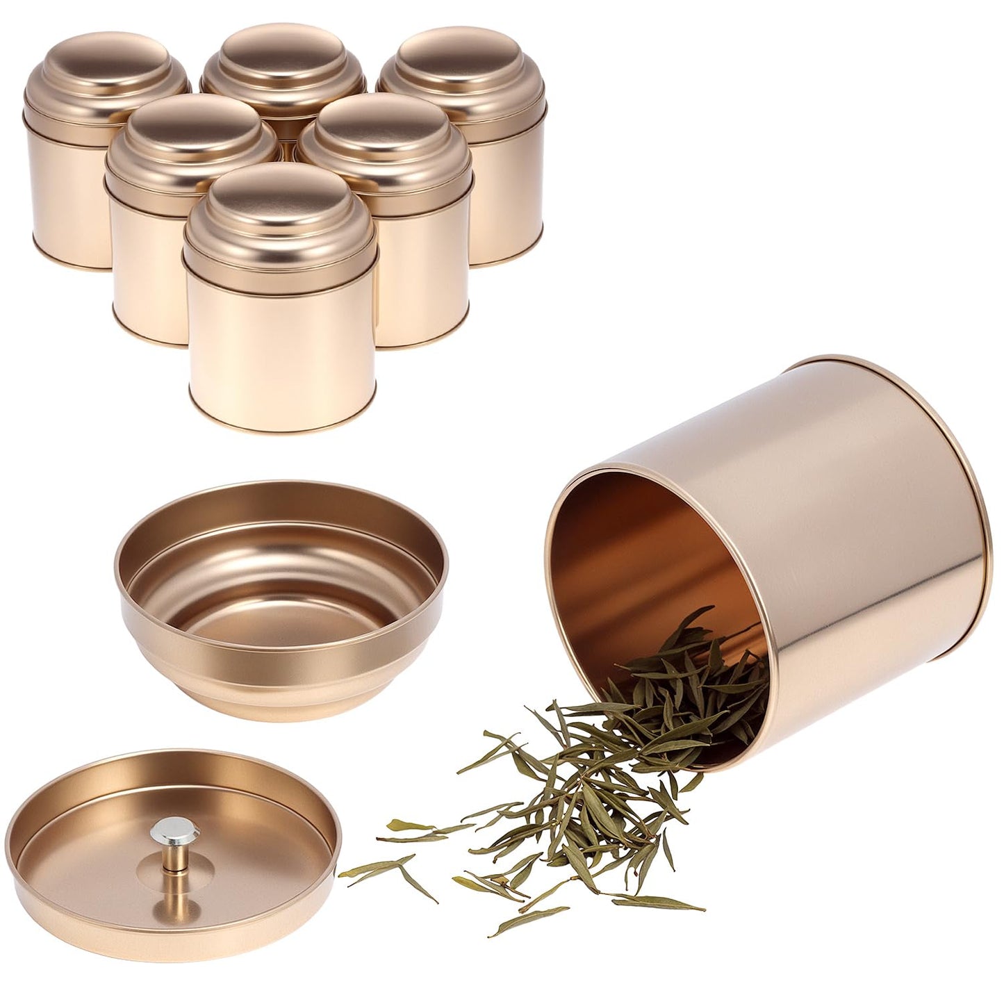 QWORK Tea Tin Canisters with Airtight Double Lids, 8 fl oz Each, 6 Pack Metal Containers, Mini Tea Storage Containers for Loose Leaf Tea, Tea Bags, Coffee, Sugar, Spices, Rosegold