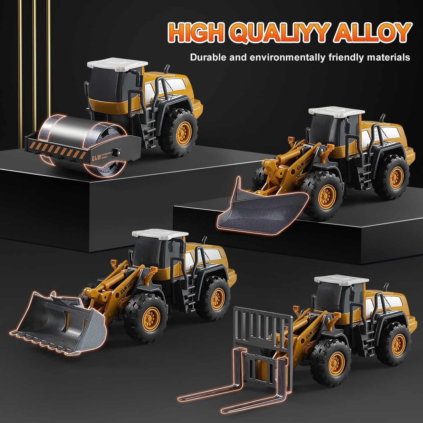 GLW Construction Trucks Toy Set – Alloy Inertia Driving 1:40 & 1:55 Simulation Model Toys, Including Forklifts, Wheel Loader, Road Rollers, Bulldozer, and High Cranes with Scenario Accessories