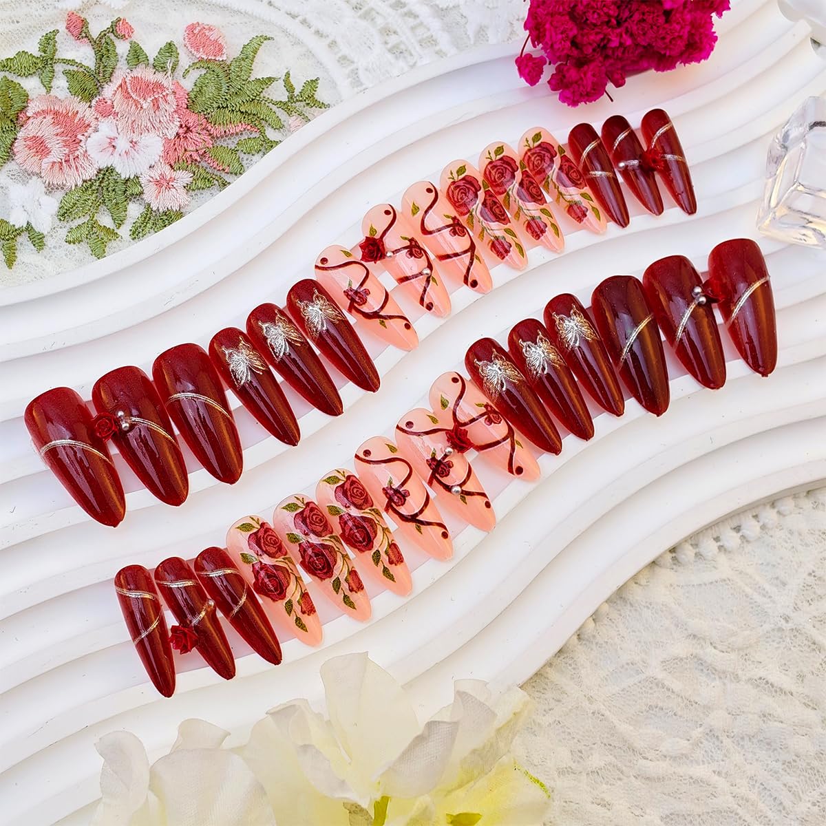 30Pcs Rose Flower Press on Nails Long Stiletto Fake Nails with 3D Pearls Rose Design Spring False Nails Silver Butterfly Glue on Nails Red Almond Acrylic Nails Floral Artificial Nails Decor for Women
