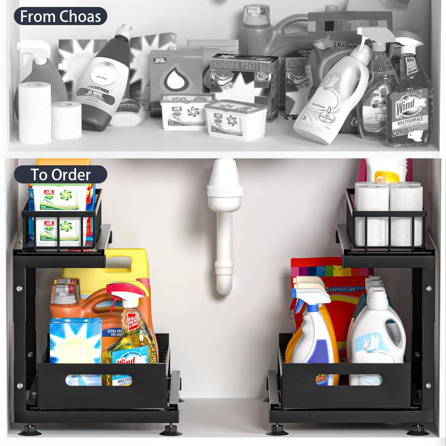 Under Sink Organizer, 2-Tier Premium Metal Pull-Out Racks with Adjustable Height, Heavy Duty Sliding Bin for Bathroom and Kitchen Cabinet Storage, Rust Resistant 2 Pack Black