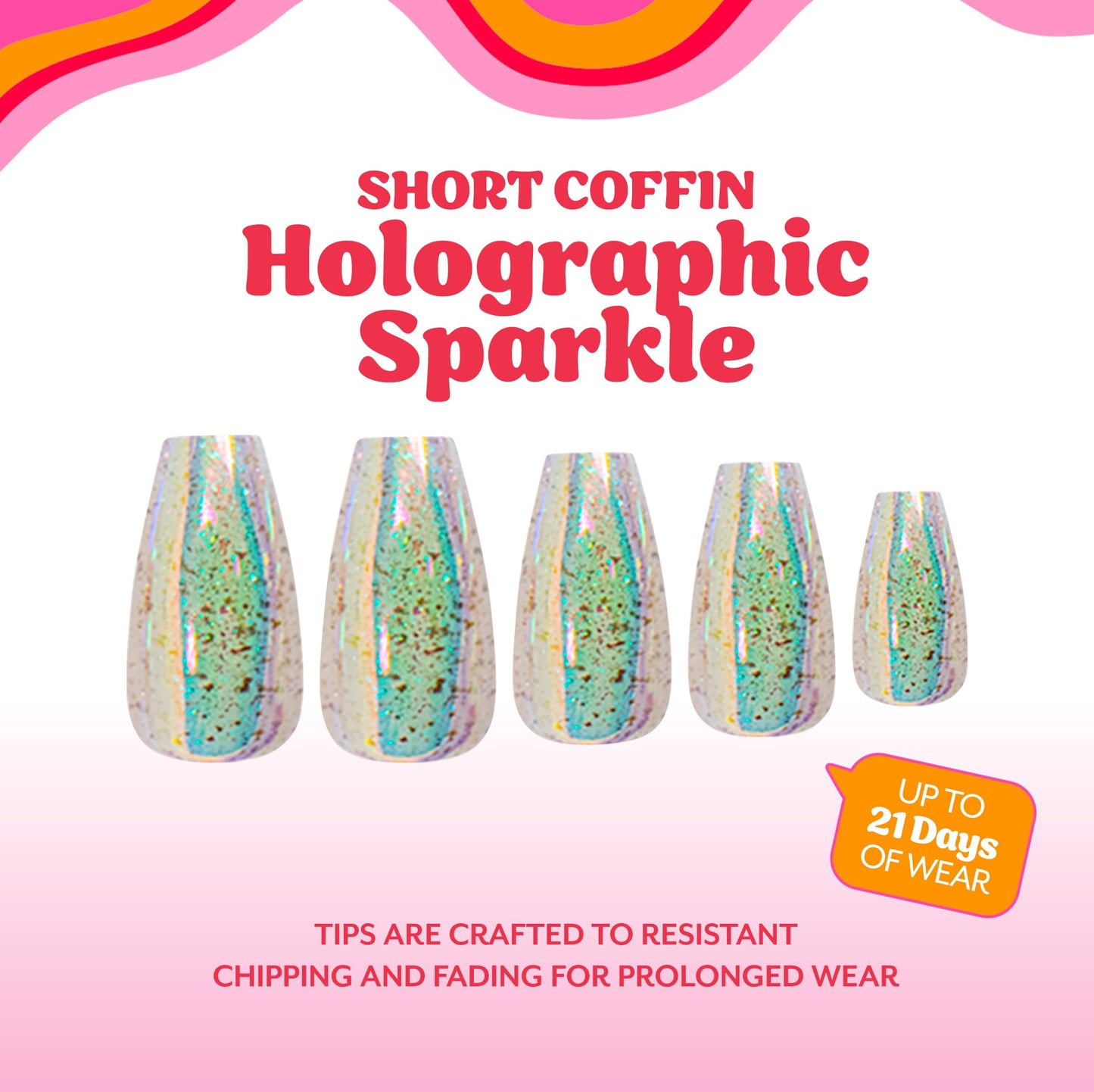 RC Red Carpet Manicure Gel-On Designed Tips - Full Coverage, Flexible, Break-Resistant, 21-Day Wear, UV/LED Cured Gel Adhesion for Natural Look (Holographic Sparkle Short Coffin)