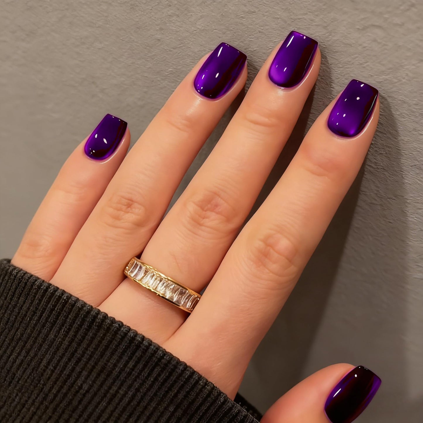 KQueenest Cat Eye Press On Nails Short - Dark Purple Press On Nails Square, 30 Pcs 15 Sizes Glitter Black Fake Nails Press ons, Thick Quality, Reusable Small Glue on Nail for Women Goth Party