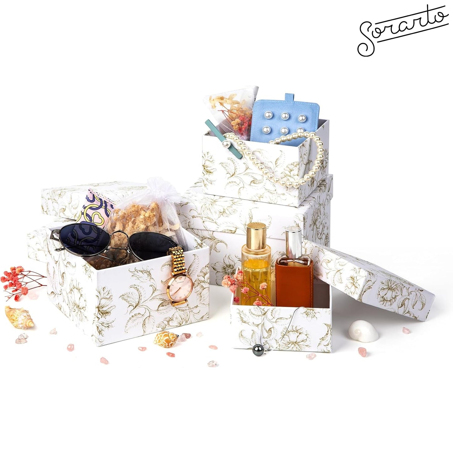 Sorarto Square Gift Boxes with Lids 4pc Set | White Gold Floral Nesting Gift Boxes for Presents Birthday Wedding Bridesmaid Christmas
