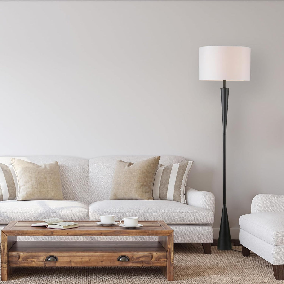 Globe Electric 67224 70" Floor Lamp, Matte Black Finish, White Fabric Shade, Modern Tapered Frame, E26 Base, Contemporary Living Room and Bedroom Lighting