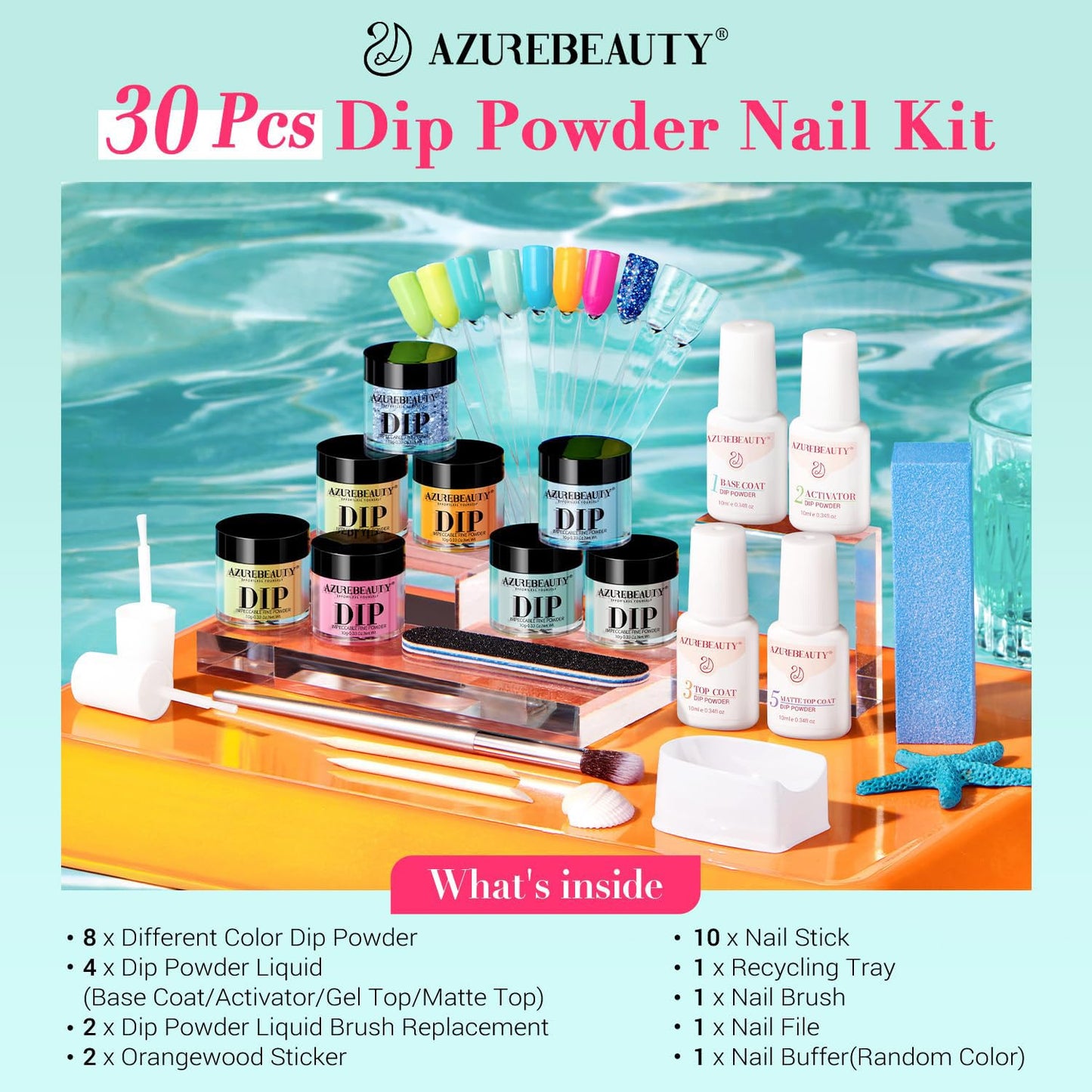 AZUREBEAUTY Dip Nails Powder Starter Kit, Hot Pink Neon Yellow Pastel Blue Green 8 Spring Summer Colors with Nail Sticks, Base Glossy Matte Top Coat Activator Liquid Set Manicure Art 30 PCS