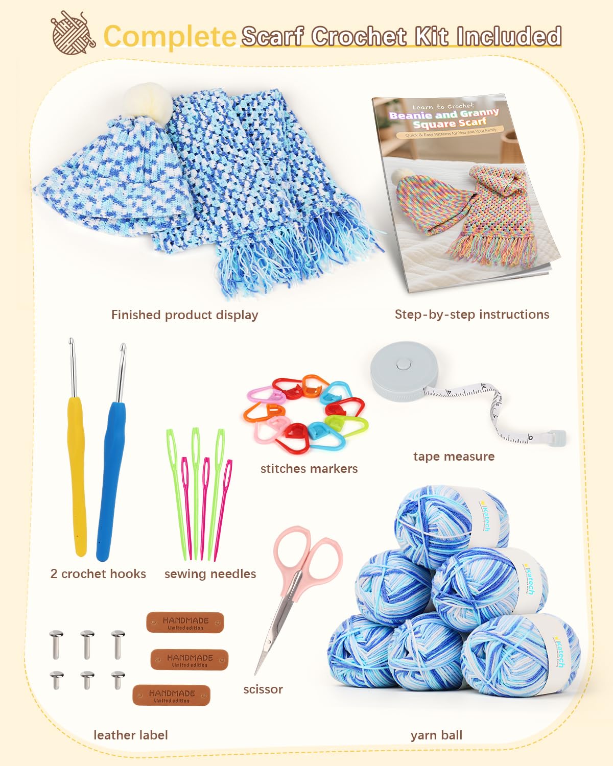 Katech Crochet Kit for Beginner-Crochet Kit for Adults - Complete Set Learn to Crochet Hat, Scarf, Knitting Starter Kit with Step-by-Step Instructions 6 Crocheting Yarn (Blue)