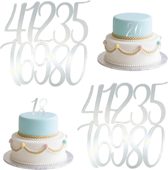 Silver Mirrored Acrylic Number Cake Toppers, 2 Sets