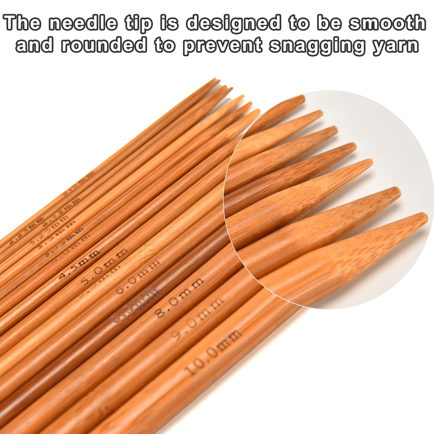 Double Pointed Knitting Needles Set,75 Pcs Wooden Bamboo Knitting Needles Kit,15 Sizes from 2.0mm-10.0mm,with Small Tools,Straight Wood Needles for Beginners,Making Sweater,Scarf,Sock,Weave