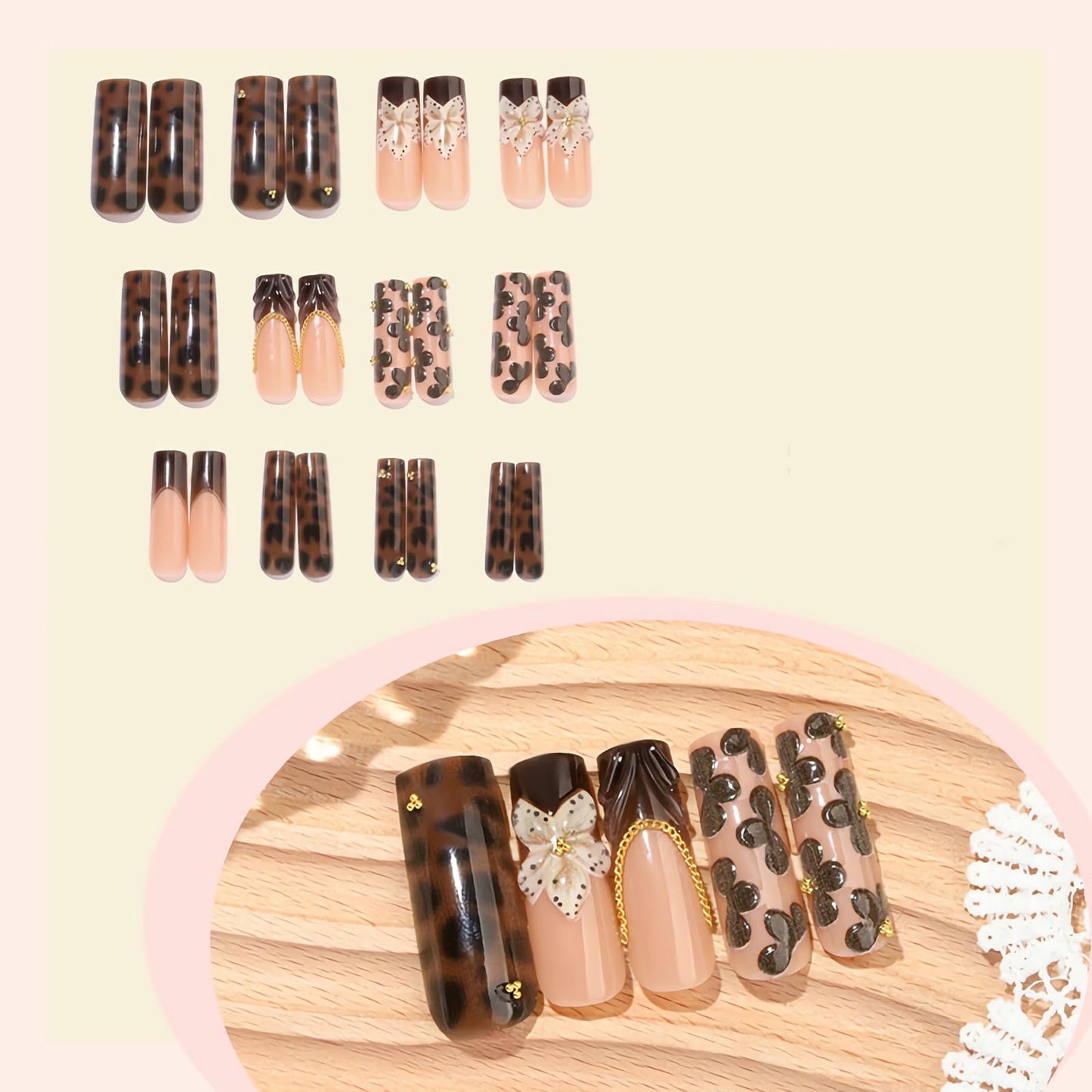 BABALAL Long Square Press on Nails - Brown Tortoise Fake Nails, French Tip, 3D Flower, Y2k Acrylic Design, Thick Fake Nails 24Pcs Custom