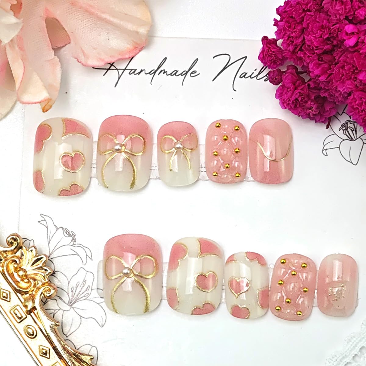 30Pcs Pink Press on Nails Short Almond Heart Fake Nails with Glitter Gold Lines Designs 3D Bead Full Cover Stick on Nail Romantic Valentines False Nails Cute Bow Artificial Glue on Nail for Women DIY