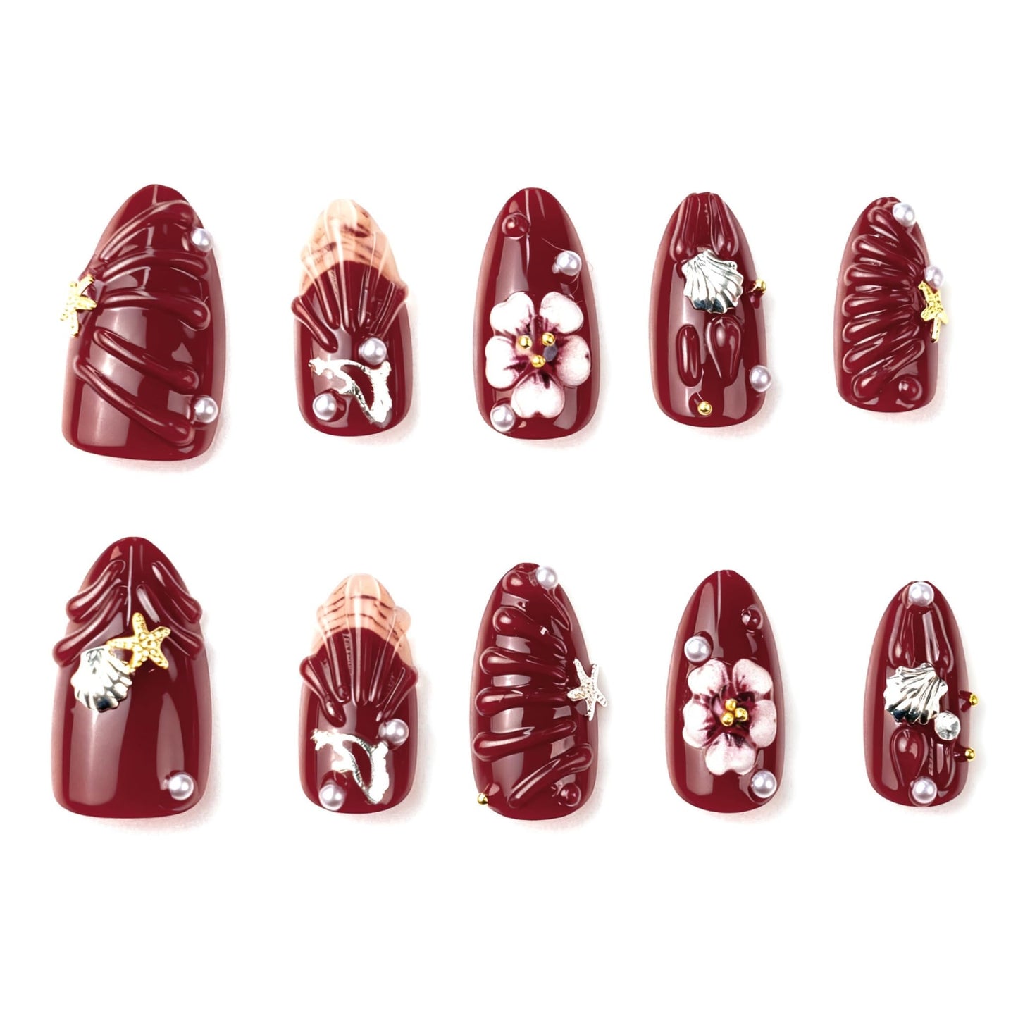 Almond Press on Nails Medium Fake Nails Brown Artificial Nail Seeneey 3D Flowers Pearl Gold Charm Designs Beach Stick on Nail for Women 30pcs