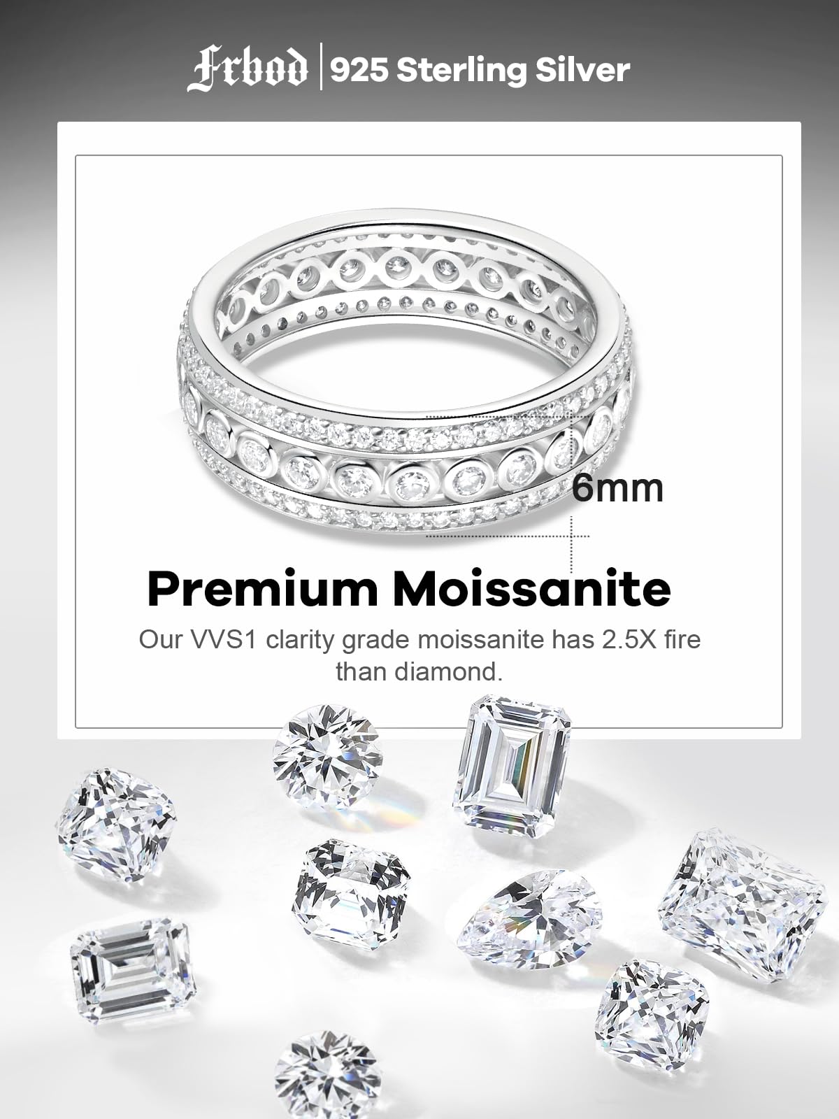 Frbod Women's 925 Sterling Silver Rings Moissanite Stackable Ring for Men Thick Diamond Eternity Band Gifts Size 9.5