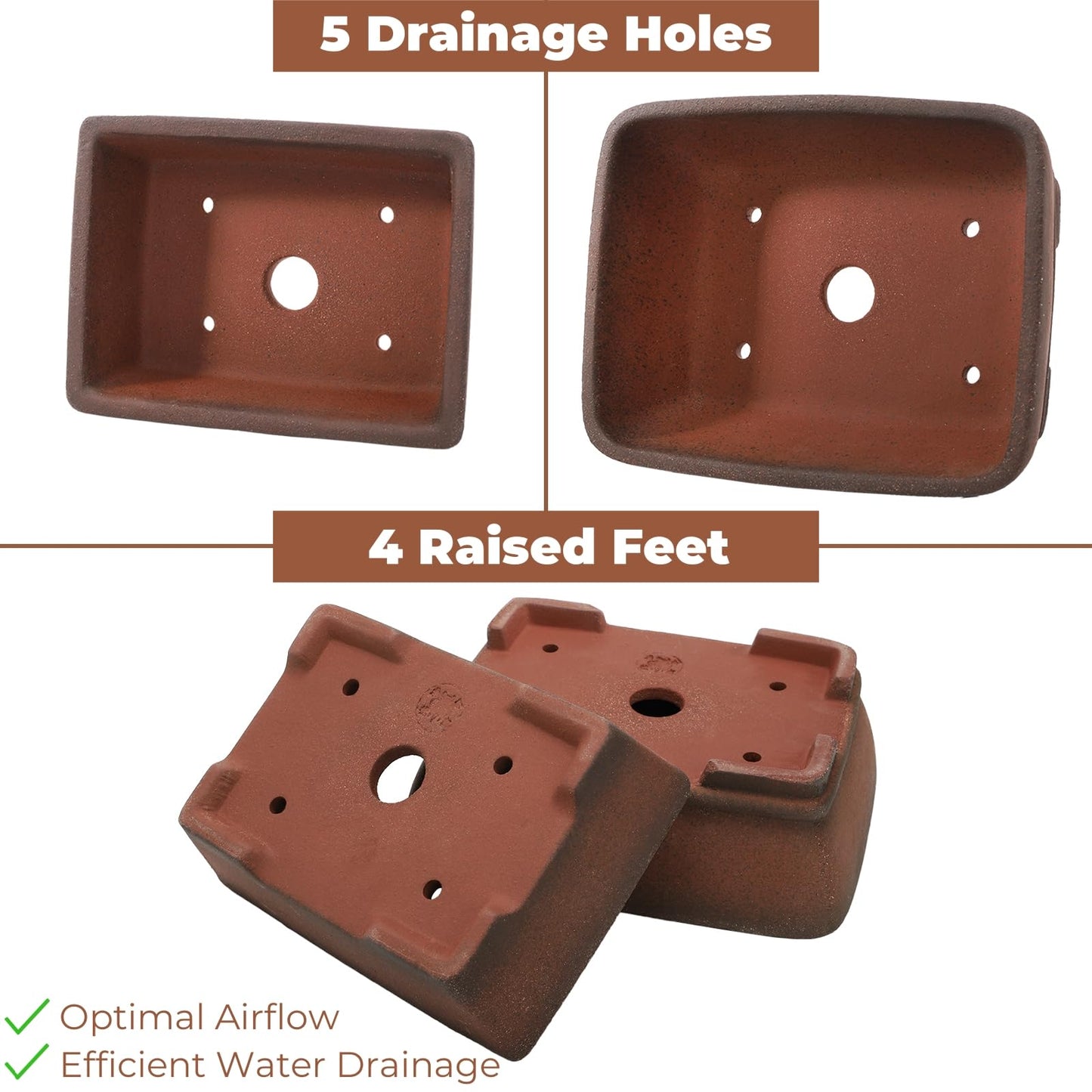 ELFULLY 2 Pack Ceramic Bonsai Pots with Drainage Tray, 6" and 7" Unglazed Rectangle Bonsai Tree Planters, Bonsai Training Pots, Succulent Cactus Planter with Drainage Hole for Outdoor Indoor, Brown