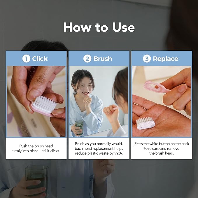 Reseio Eco Toothbrush Set with 3 Replaceable HeadsㅣSoft BristlesㅣPlastic-FreeㅣBPA-FreeㅣSustainable Oral CareㅣTravel Pouch Included - Pink