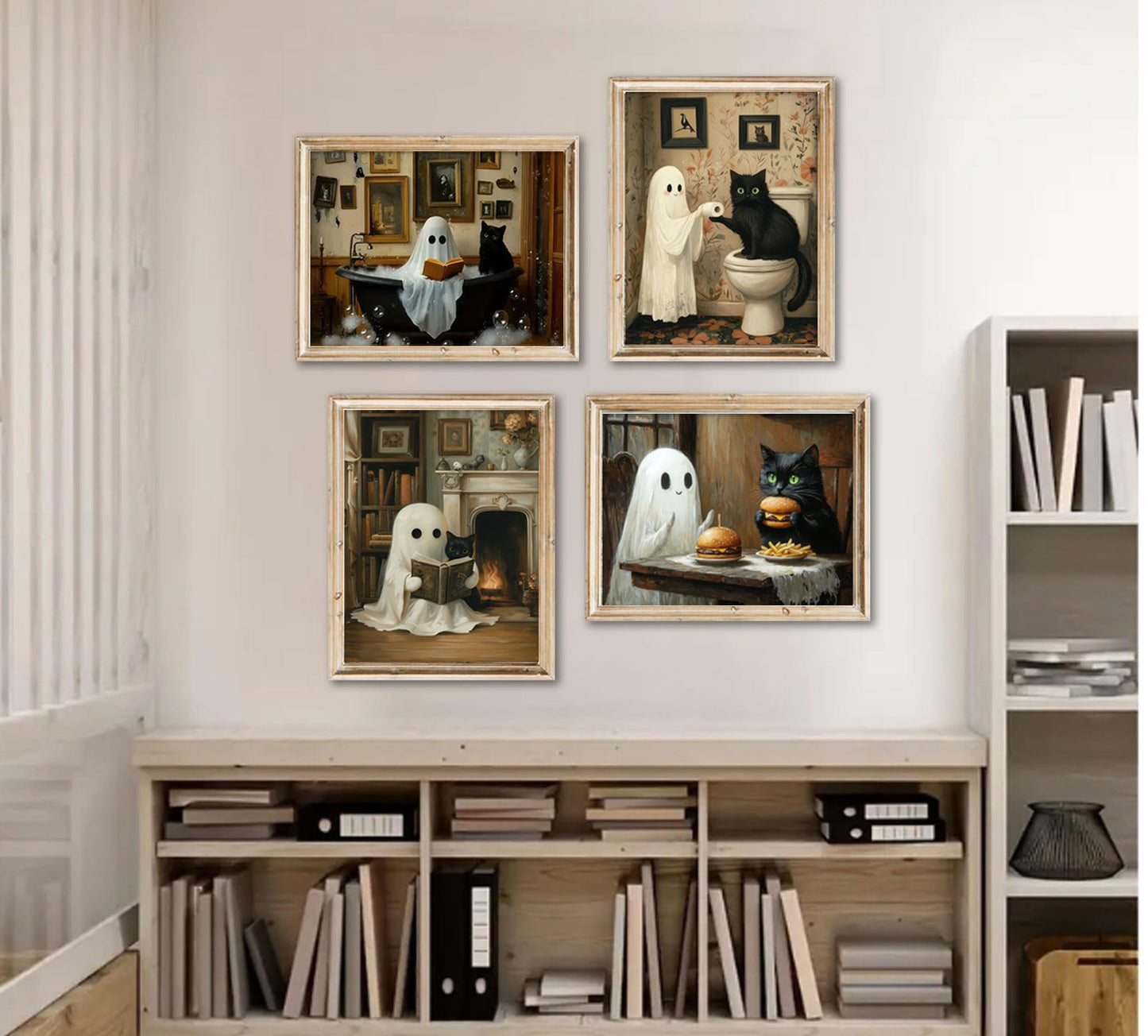 6Pcs Halloween Ghosts Wall Art Ghost Black Cat Funny Gothic Wall Decor Pictures Retro Horror Creepy Dark Academia Poster Prints for Bedroom Gallery Bar Home Decoration 8x10in Unframed