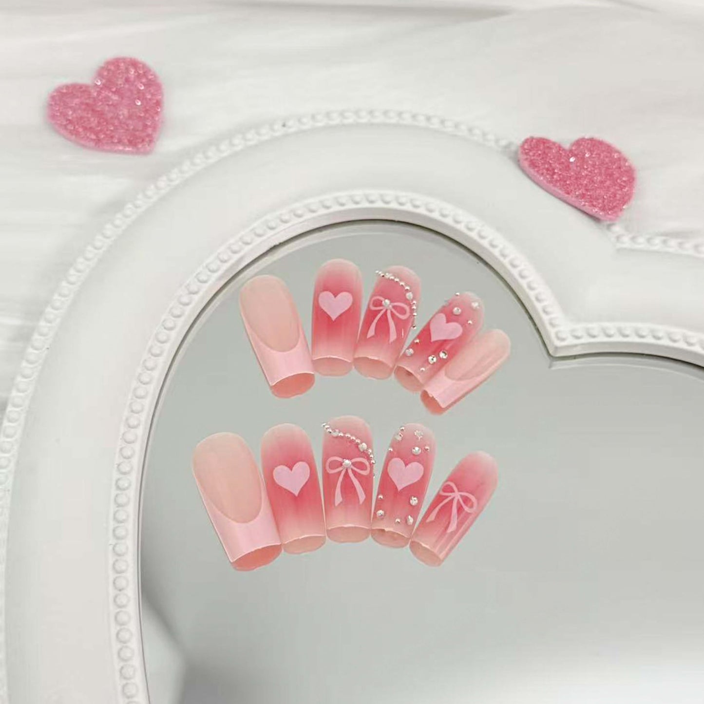 24Pcs French Tip Press on Nails Medium Square Fake Nails Heart Bow Design with Rhinestones Glue on Nails Valentines Glossy False Nails for Women Valentines Nail Decoration for Women Gift