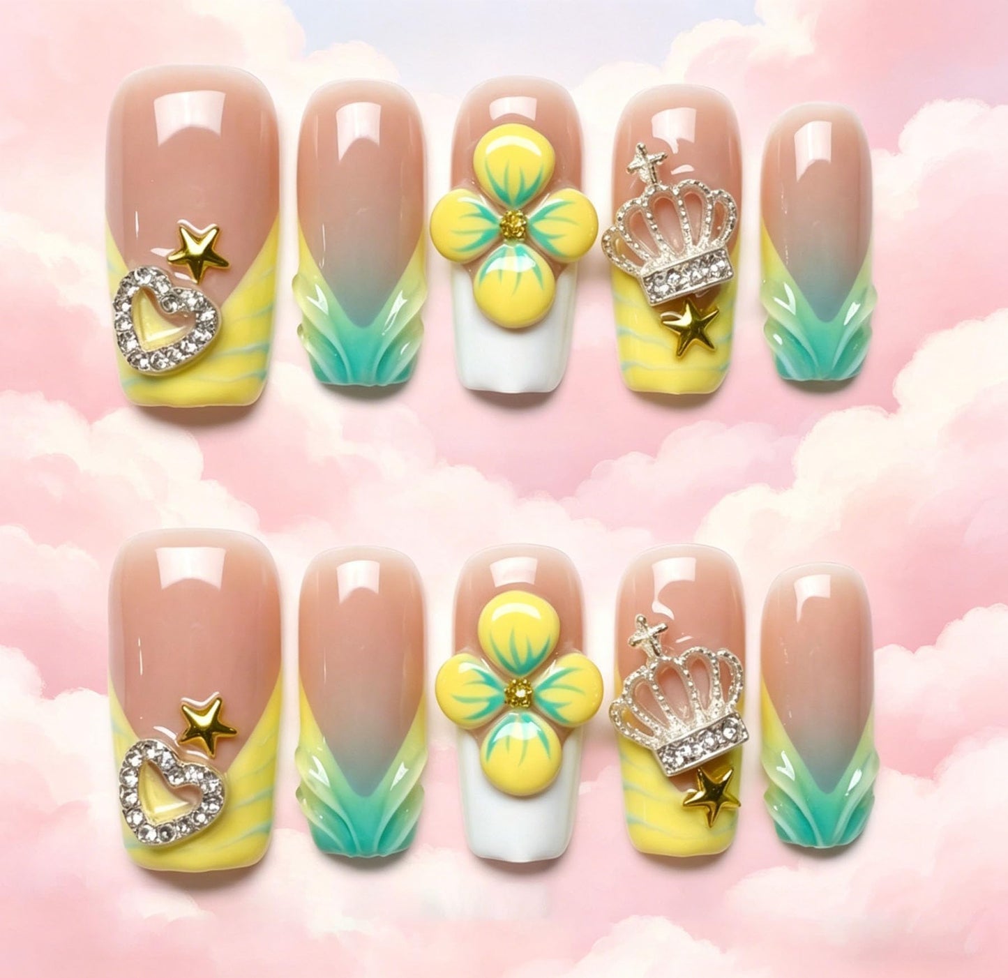 Handmade Press on Nails Square 3D Cute Glue on Nails for Women, Luxury Homemade Press on Nail Art Design, Fake Nails with 3D Nail Charms Size M 5