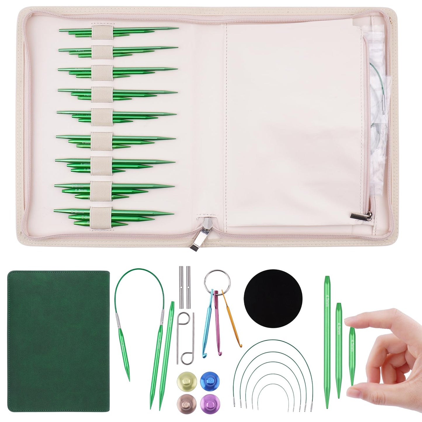 WAZAIGUR Knitting Needles Set, Three Lengths Interchangeable Circular Knitting Needles Set - Sizes 3.0mm, 3.25mm, 3.5mm, 3.75mm, 4.0mm, 4.5mm, 5.0mm, 5.5mm, 6.0mm, 5 Cables, 9 Pairs, Green
