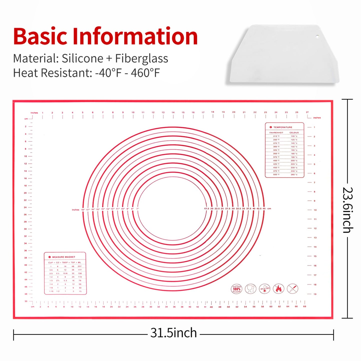 Silicone Baking Mat Super Large, 32x24 inch Silicone Pastry Non Stick Kneading Mat with Cable Ties and Dough Scraper, Measurement Food Grade Silicone Mat for Rolling Dough
