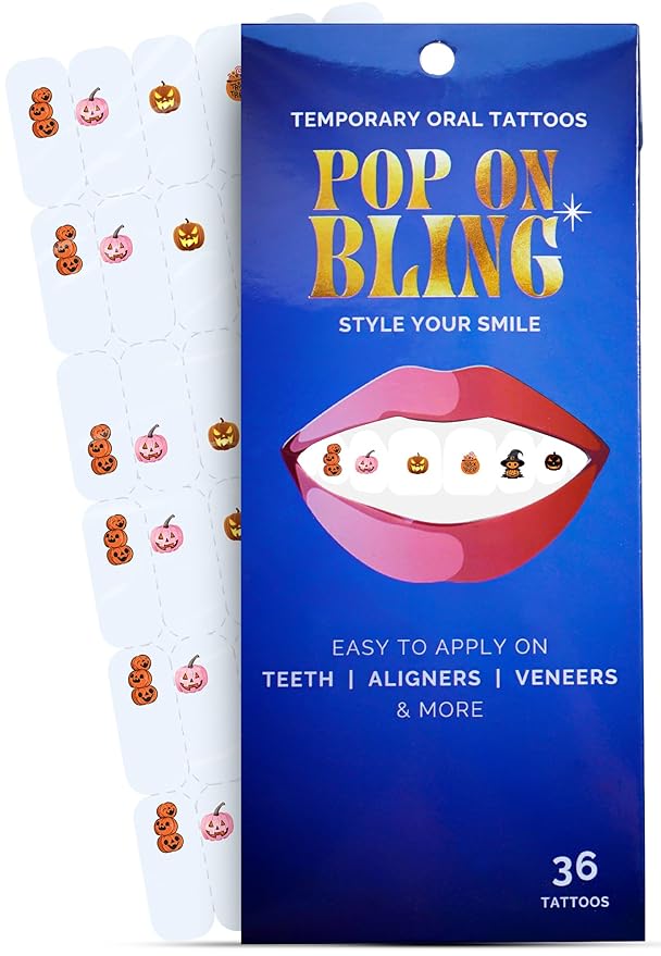 Halloween Tooth Bling Tattoo – Temporary Tooth Gem Kit for Teeth – Safe for Teens & Adults, Removable Fun Fake Tooth Tattoo Stickers for Halloween Costume, Party & Cosplay (Pumpkin)