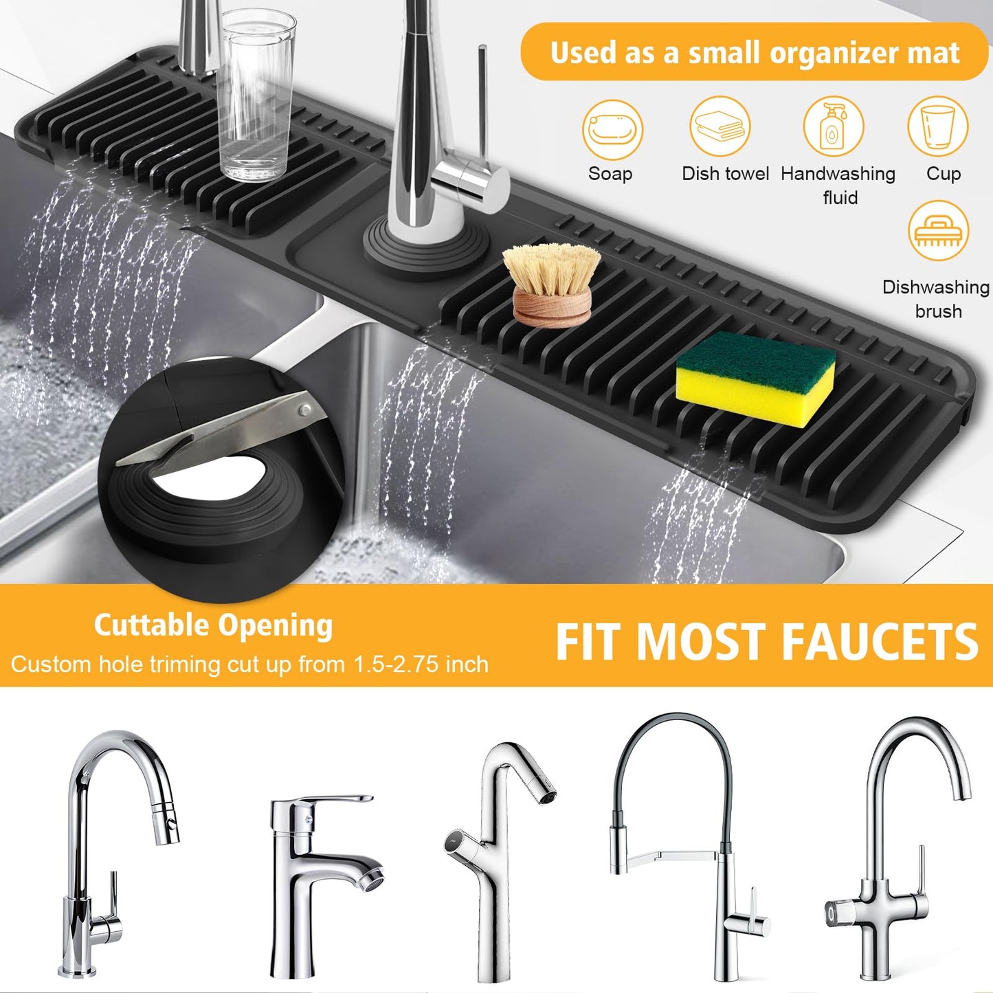 24-Inch Kitchen Sink Splash Guard Mat | 7° Slope for Fast Self-Draining | Snap-Lock Design | Universal & Cuttable Silicone Faucet Mat (Black)