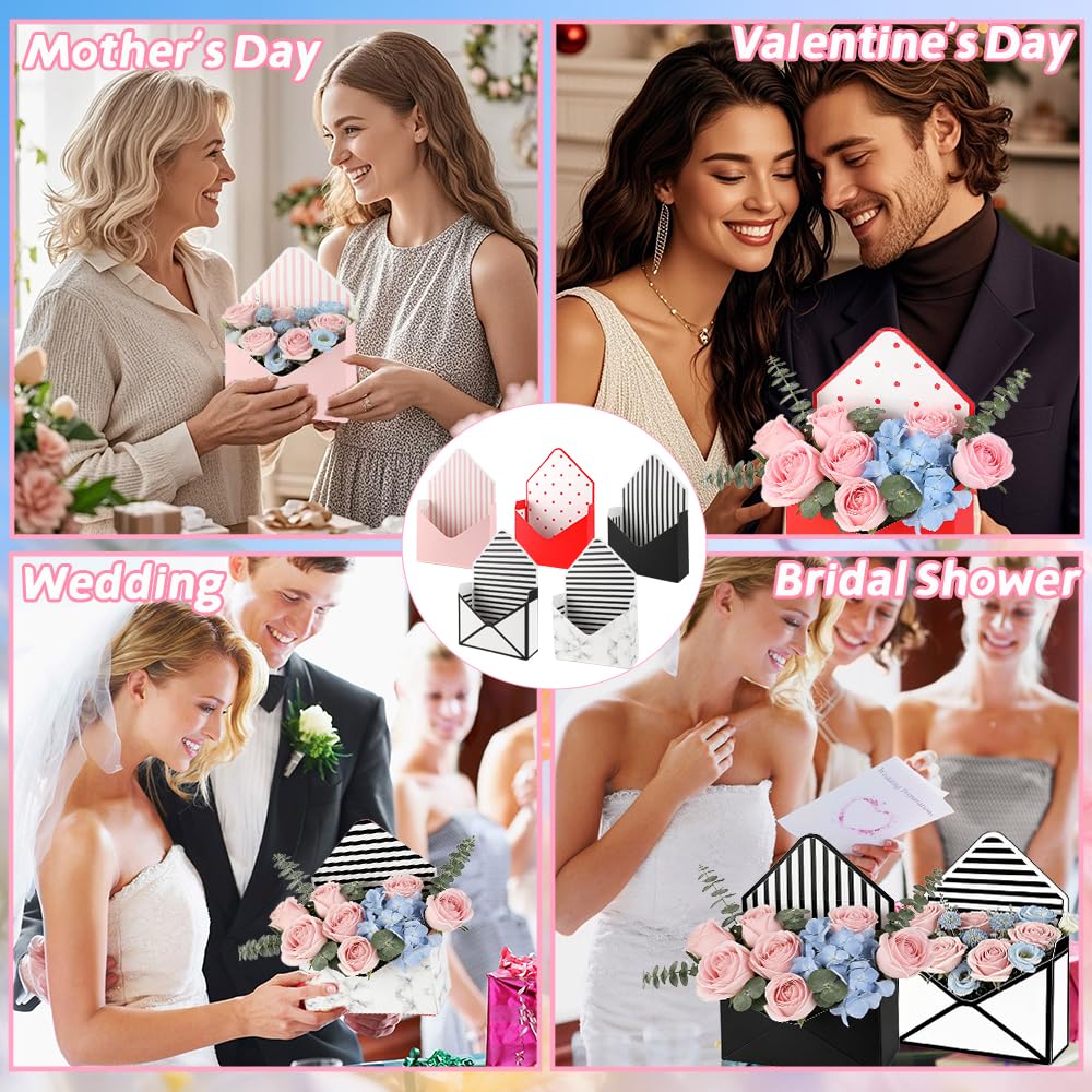 5 Pcs Flower Envelope Box, Florist Bouquet Envelope Boxes Folding Mother's Day Envelope Flower Boxes Paper Flower Bouquet Boxes for Arrangements Wedding Birthday Graduation Florists Supplies, 5 Styles