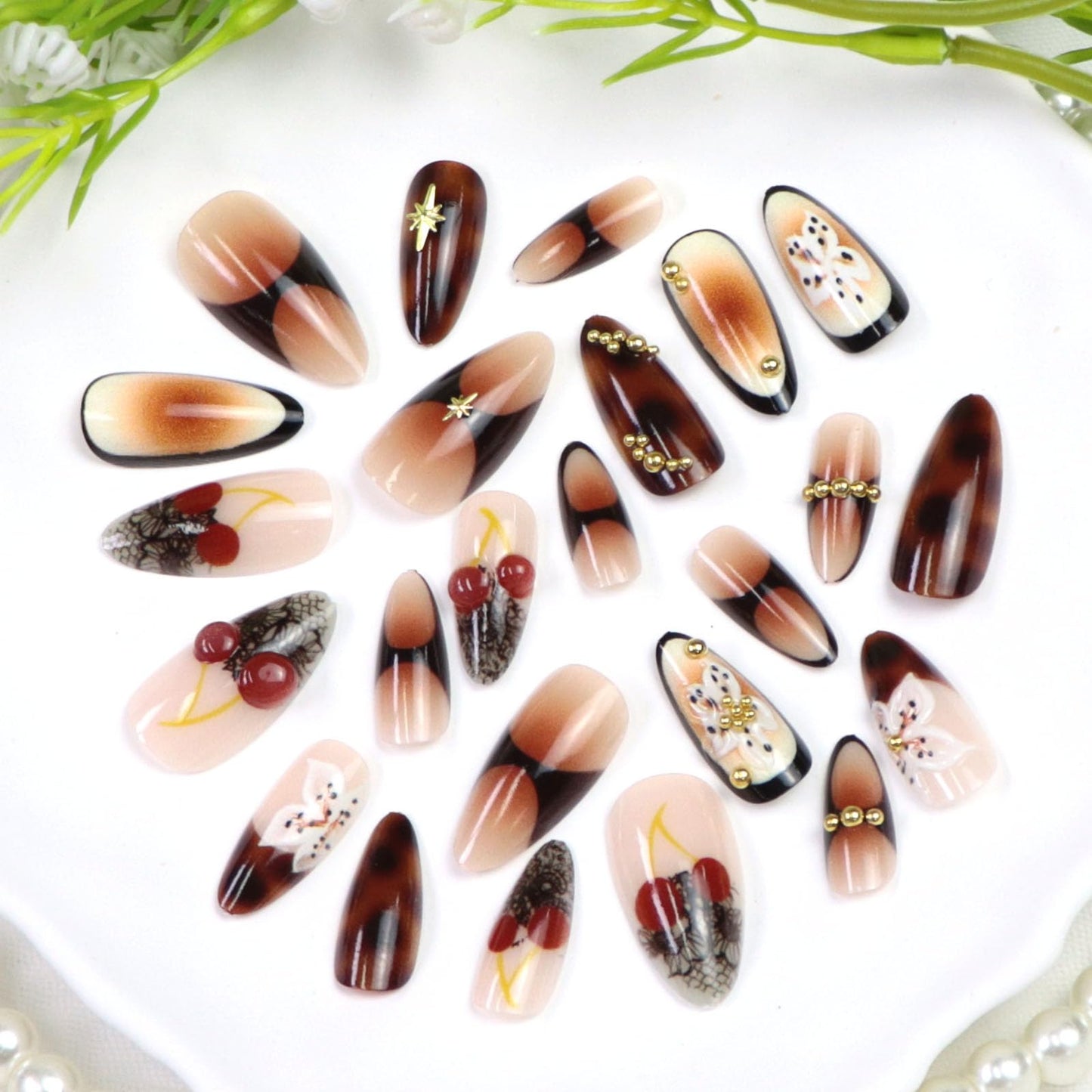 Almond Press on Nails Medium Fake Nails with Flowers Cherry Pearl Irregular Pattern Designs Brown Gradient Nails Press ons Glossy Full Cover Reusable Stick on Nails for Women 24Pcs
