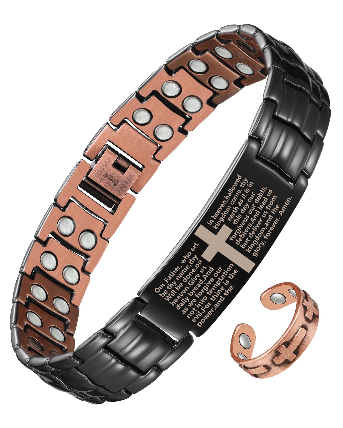 Jecanori Copper Cross Bracelet & Ring for Men Black, 2X Strength Magnetic Bracelets for Men, Adjustable Copper Jewelry with Sizing Tool