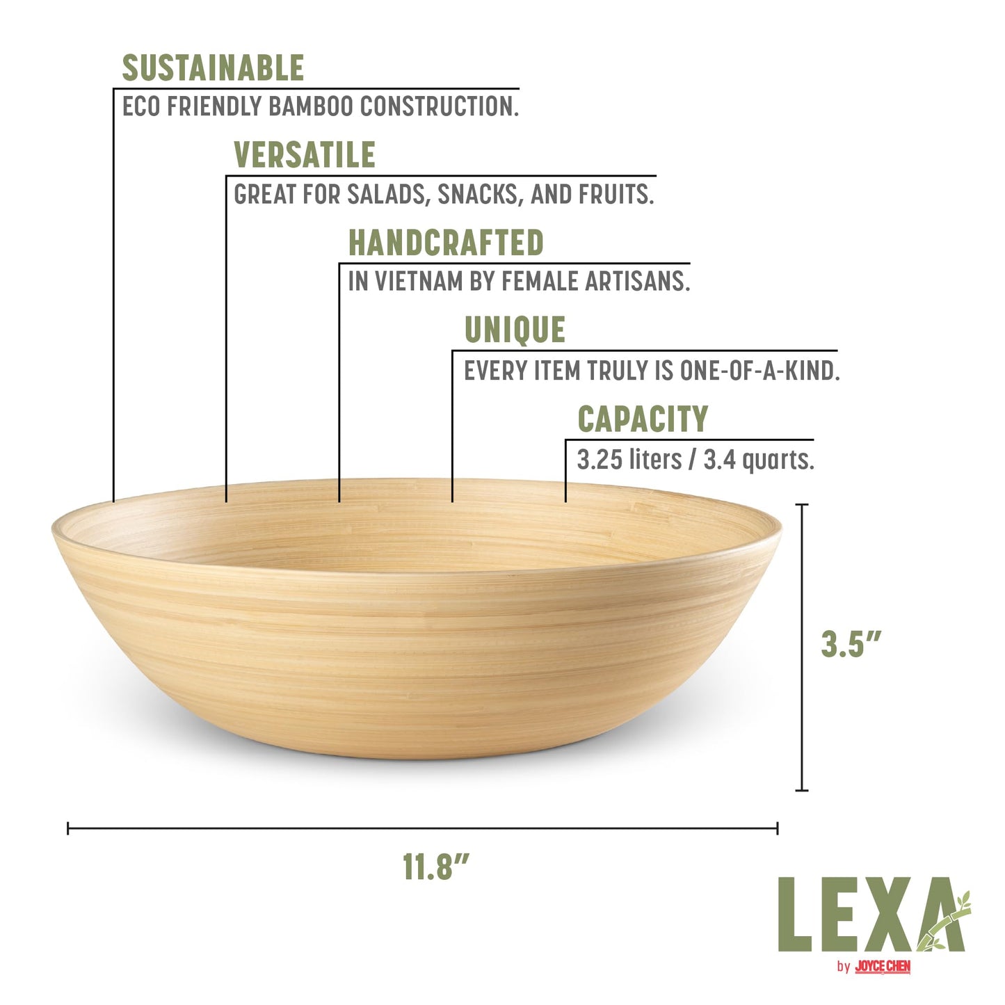 LEXA 12" Handmade Bamboo Salad Bowl – 130 oz Large Wooden Fruit Bowl for Kitchen Counter, Natural Bamboo