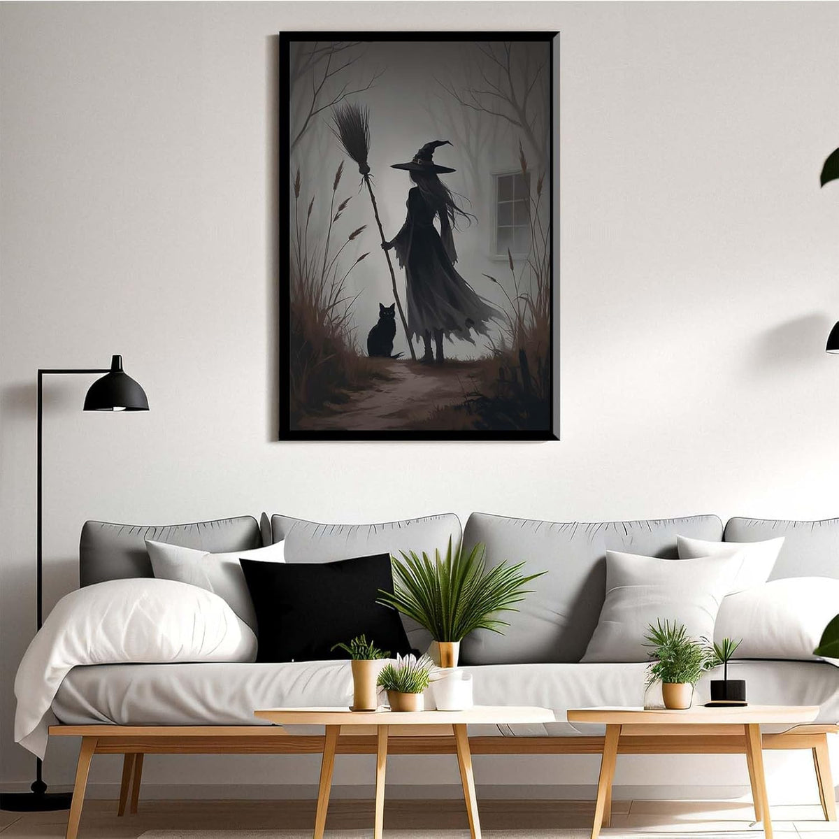 JFHCQJPK Vintage forest witch and black cat poster Halloween mural poster decoration mural art magic suitable for home living room bedroom16x24in Metal blackFramed